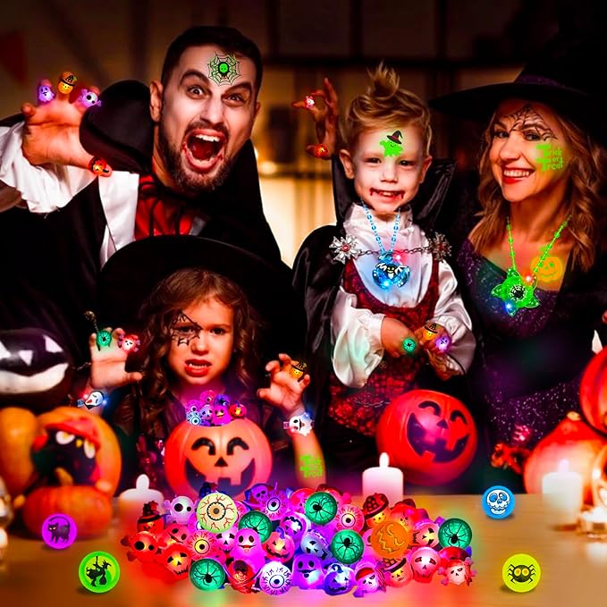 84Pcs Halloween Party Favors for Kids, Glow in The Dark Halloween Toys Bulk Light Up Rings Necklaces Bracelet Halloween Goodie Bag Fillers Stuffers Halloween Treats for Classroom Prizes Trick or Treat