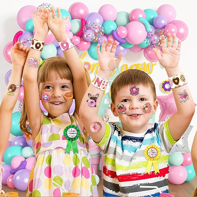 48PCS Donut Party Favors - 24PCS Tattoos & 24PCS Slap Bracelets - Birthday Supplies, Decorations, Gifts, Classroom Prizes, Carnival Rewards, Christmas Treats for Boys & Girls