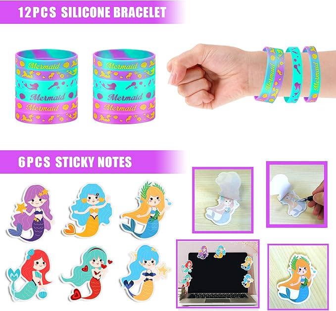 90 PCS Mermaid Party Favors for Girls Mermaid Birthday Supplies Bracelets Stampers Necklaces Rings Keychains Tattoo Stickers Post-it Notes Goodie Bags for Mermaid Birthday Party Supplies (Mermaid)