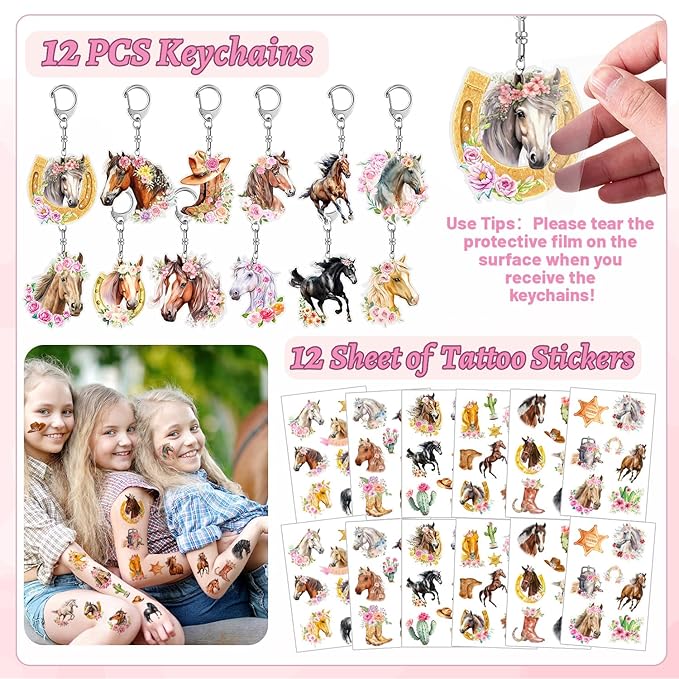 60 PCS Horse Cowgirl Party Favors, Horse Themed Temporary Tattoos, Slap Bracelets, Keychains, Badges, Gift Bags for Cowgirl Birthday Party Decorations and Classroom Rewards