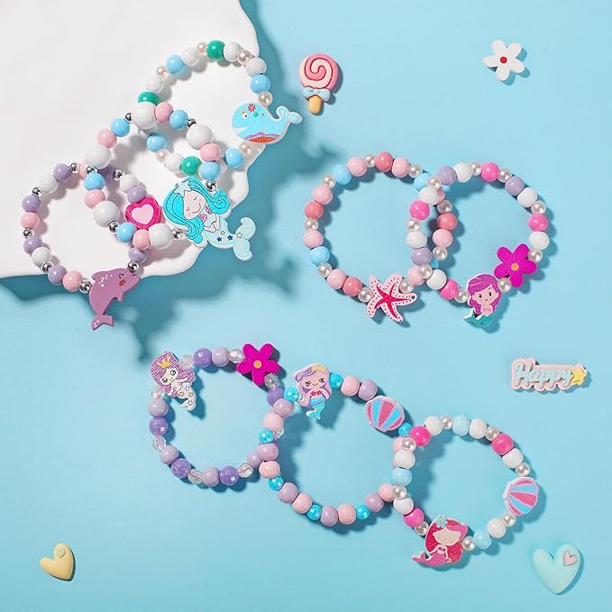 Kids Bracelets Mermaid Party Favors - 12 Pack Cute Toddlers Little Girls Ocean Wooden Beaded Bracelets, Costume Play Jewelry Princess Birthday Goodie Bag Stuffers Pinata filler Classroom Prize Gifts