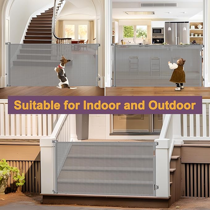42" Tall X 130" Extra Wide Retractable Dog Gates for Large Openings Extra Tall Pet Gate for Doorways Tall Baby Gates for Dogs Extra Large Mesh Gate Long Outdoor Gate Tall Gate for Kids or Pets, Gray