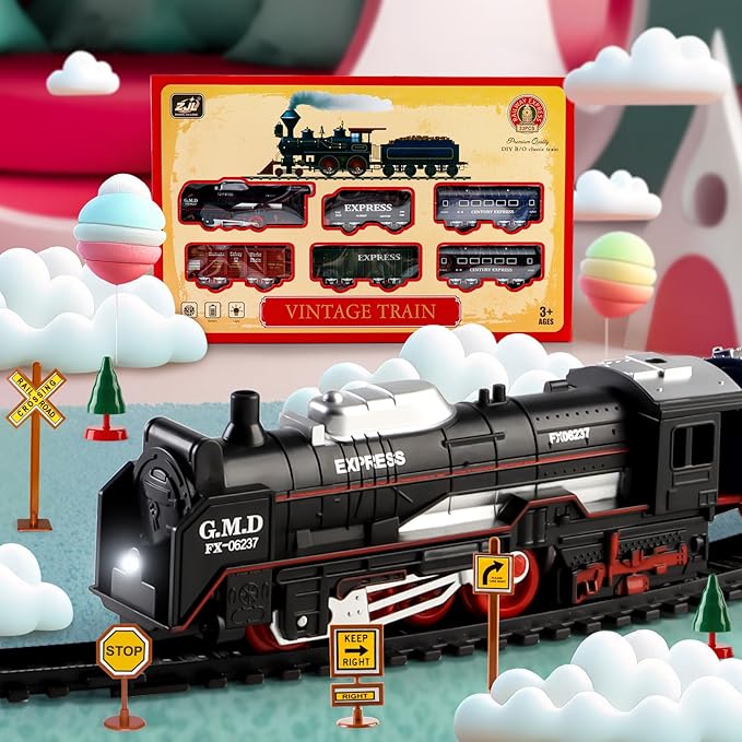 deAO Train Set with Light for Kids, Cargo Cars and Long Track for Boys & Girls Aged 3-12, Train Toys Railway Kits with Signposts & Trees, Electric Train Race Track Playset,Great for Birthday & Xmas