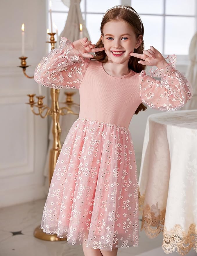 Arshiner Toddler Christmas Dress Girls Sequin Tulle Puff Long Sleeves Tutu Dress Princess Birthday Party Clothes 1-6T