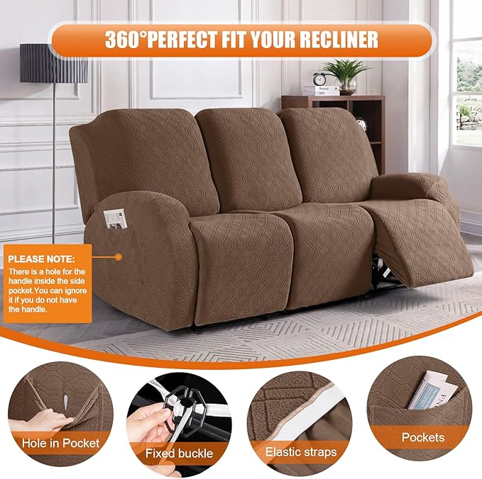 VANSOFY Recliner Cover, 3-Pieces Stretch Reclining Couch Covers with Pockets Reclining Sofa Slipcovers 3 Seater Soft Washable Furniture Protector for Dogs Cats(Light Coffee)