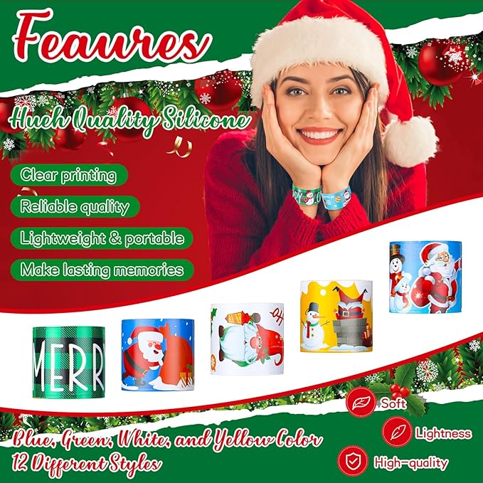 240 Pcs Christmas Slap Bracelets Bulk Santa Theme Christmas Party Favors Holiday Snap Bracelets Kids Xmas Slap Bands for Birthday Party Gifts Stocking Stuffers Classroom Prizes, 24 Designs