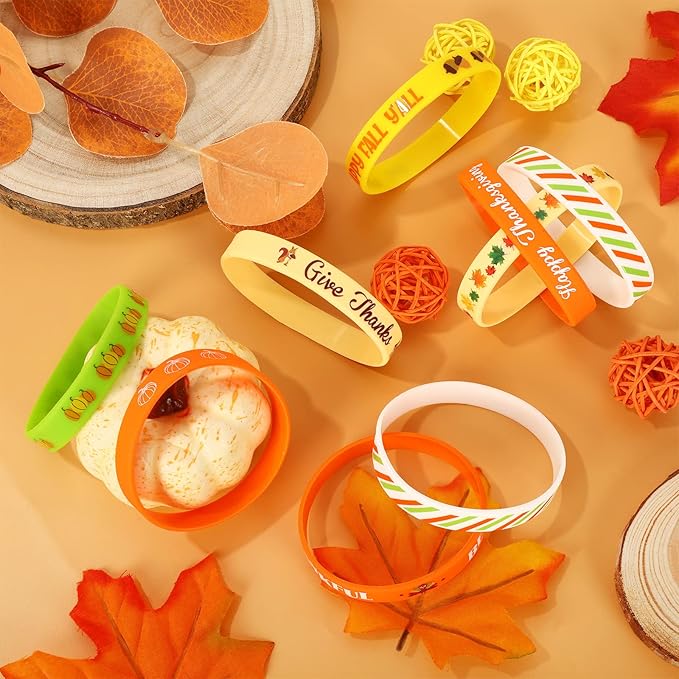 AnyDesign 35Pcs Thanksgiving Fall Rubber Bracelet Party Favors Colorful Waterproof Silicone Wristband Autumn Pattern Silicone Bracelets for Thanksgiving Fall Harvest Party Supplies Goodie Bag Filler