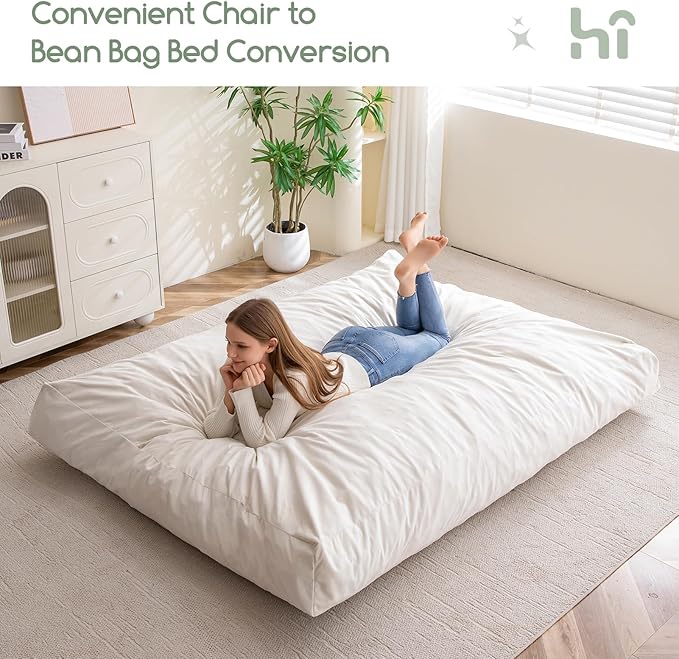 HIGOGOGO Giant Bean Bag Chair Bed for Adults,Convertible Beanbag Folds from Lazy Chair to Floor Mattress Bed,Large Floor Sofa Couch for Adult,Couples,Family,High-Density Foam Filling, Machine Washable