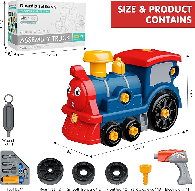 Toddler Take Apart Toy Set with Electric Drill, DIY Electric Train Assembly, STEM Building Learning Toys, Xmas Gifts for 3-8 Year Old Boys & Girls