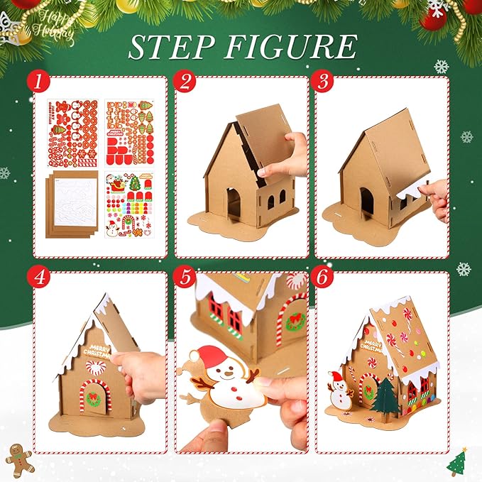 6 Sets Christmas Gingerbread House Kit Christmas Crafts for Kids Mini Christmas Cardboard Make-a-Gingerbread House Craft for Boy Girl Christmas Party Game Craft Supplies(Lovely Style)
