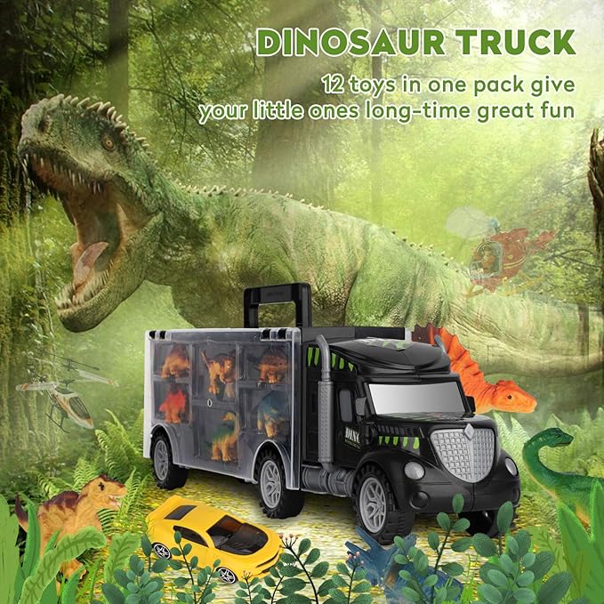 Aokesi Car Toys Transport Carrier Truck Dinosaur Toys for 3-12 Years Old Boys and Girls (Includes 6 Dinosaurs and 6 Mini Car)