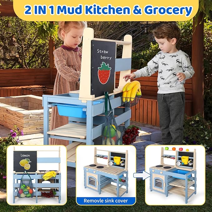 2 in 1 Mud Kitchen for Kids,Outdoor Play Kitchen & Grocery Store with Sink & Faucet,Blackboard,Utensils,Stove Top,Storage Bag,Backyard Garden Worktop Toy Toddler Kitchen for Boys and Girls