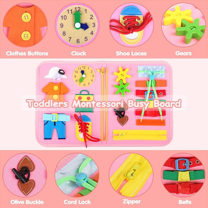 Toddler Busy Board Montessori Toys for 1 2 3 4 Year Old Girls Birthday Gifts - Educational Learning Busy Book Sensory Toys for Toddlers 1-3 - Airplane Car Travel Activities Toys for Kids Ages 2-4