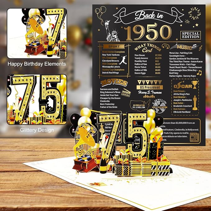 75th Birthday Card for Men Women, Funny 3D Pop Up 75th Birthday Gifts for Grandma Mom Dad, Back In 1950 Happy 75 Year Old Birthday Decorations Cards for Her Him