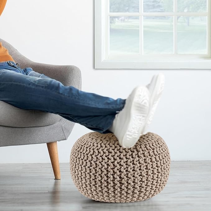 Round Tweed Dori Pouf Ottoman Hand Knitted 100% Cotton Pouf Foot Stool - Knitted Bean Bag - Floor Chair for Bedroom - Foot Rest for Couch (20" Dia x 14" HT) (Natural Beige)