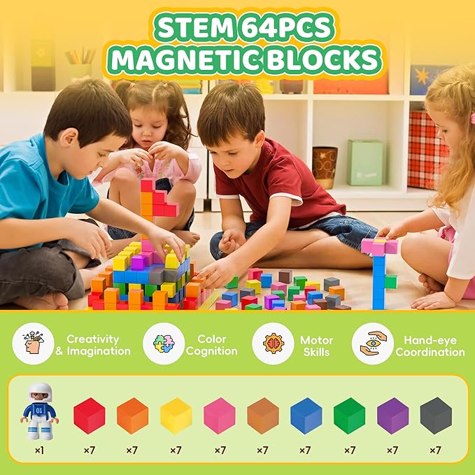 64PCS Magnetic Blocks Set, Magnet Building Blocks with Toy Figurine and Storage Bag for Kids Gifts, STEM Educational Preschool Sensory Toys for Toddlers Boys Girls Ages 3 4 5 6 7 8 +(Bright Color)