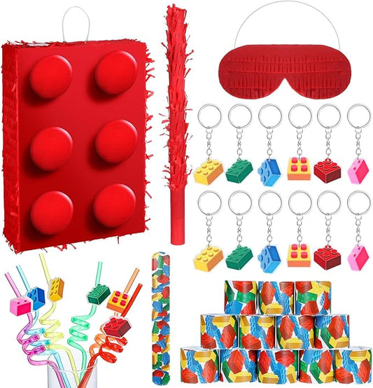25 Pcs Building Blocks Party Supplies Fiesta Piñata Bundle with Blindfold Bat Stick and Confetti 12 Slap Bracelets 6 Keychain 6 Straws Building Block Theme Birthday Carnival Party Decoration