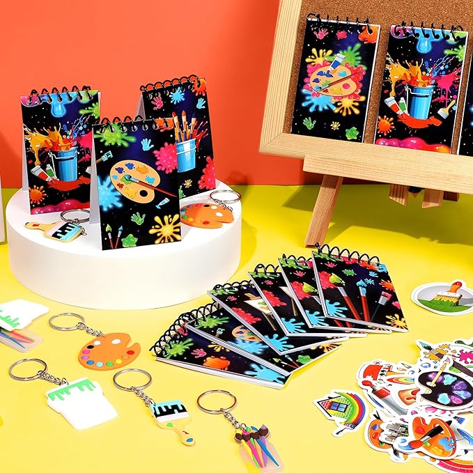 49Pcs Art Paint Party Supplies Art Paint Party Favor 24 Paint Splatter Notepads 24 Keychains Stickers Neon Paint Party Decorations Colorful Graffiti Art Painting Birthday Gifts Rewards