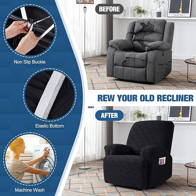 TAOCOCO Oversized Recliner Cover Stretch Recliner Chair Covers, Jacquard Reclining Chair Cover, Furniture Protector Sofa Slipcovers Couch Covers with Elastic Bottom for Kids, Pets (Black)