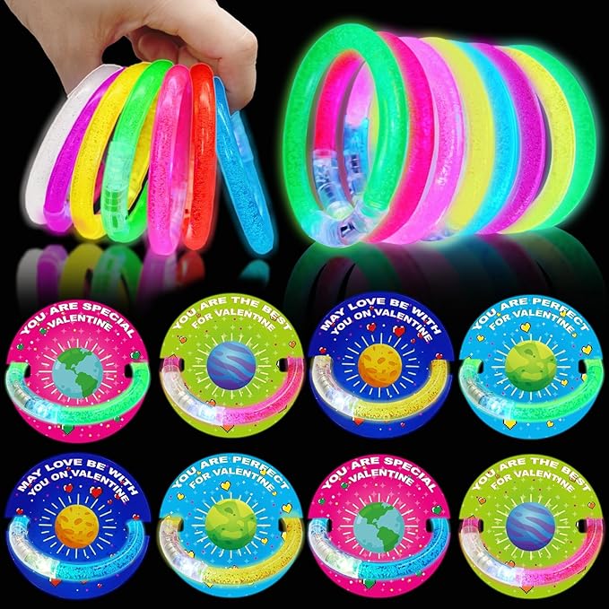 28 Pack Valentines Day Gifts for Kids，Valentine Glow Sticks Bracelet with Valentine's Day Gift Cards for Valentine Light Up Toy Valentines Day Gifts for kids School Classroom Party Favors Supplies