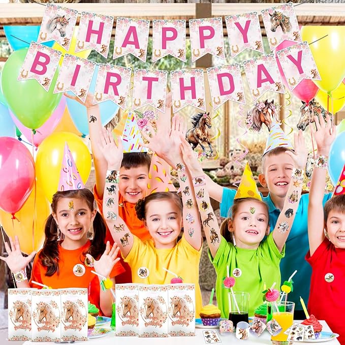 60 PCS Horse Cowgirl Party Favors, Horse Themed Temporary Tattoos, Slap Bracelets, Keychains, Badges, Gift Bags for Cowgirl Birthday Party Decorations and Classroom Rewards