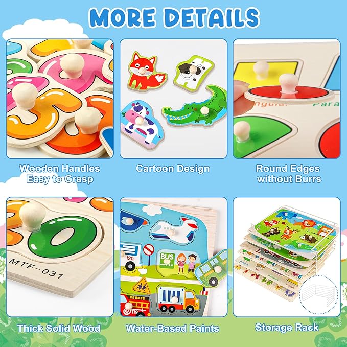 6 Pack Wooden Puzzles for Toddlers, Peg Toddler Puzzles Include Alphabet Number Shape Animals Vehicle Farm Puzzles with Storage Rack Preschool Educational Learning Toys for 1 2 3 4 5 Boys Girls