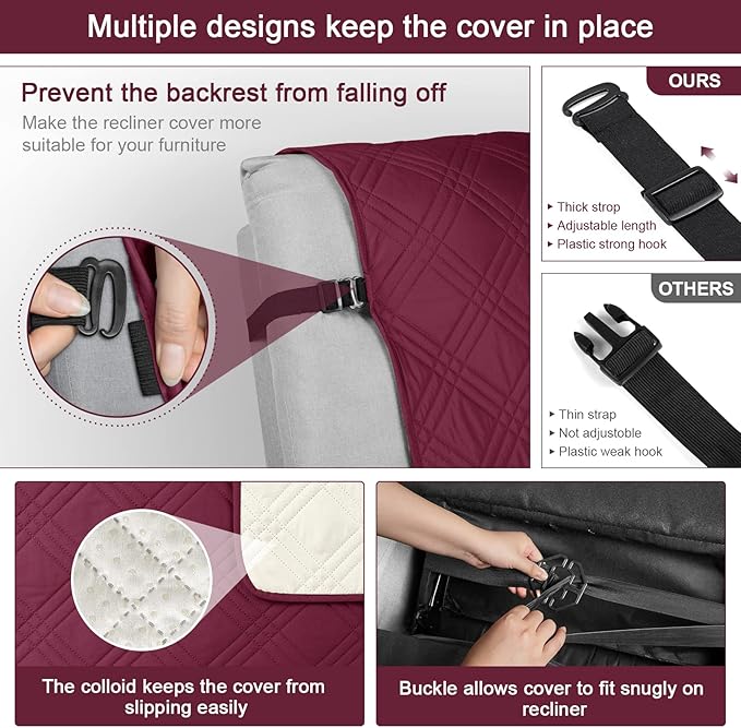 TAOCOCO 100% Waterproof Recliner Chair Cover, Non Slip Recliner Covers for Recliner Chair with Pocket, Washable Reclining Chair Cover Furniture Protector for Kids, Pets(Recliner Chair, Wine)