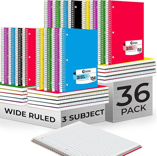36 Pack 3 Subject Spiral Notebook Wide Ruled Bulk, Thick Paper, Extra Pages - 300 Pages (150 Sheets), 8 x 10-1/2", Bulk Spiral Journal for School, 3 Hole Punched, Bulk Subject Notebooks