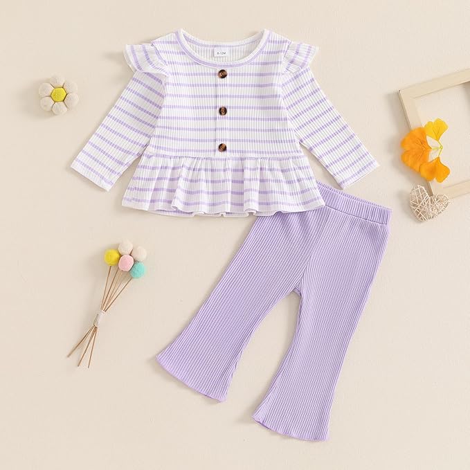 Mubineo Toddler Baby Girl Clothes Cute Ribbed Outfits Knit Long Sleeve Shirt Tops Bell Bottom Pant Fall Winter Outfit