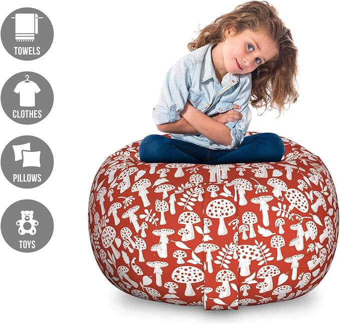 Ambesonne Mushroom Storage Toy Bag Chair, Amanita Pattern Leaves Berries Poisonous Plants Cartoon Style, Stuffed Animal Organizer Washable Bag, Large Size, Sienna White