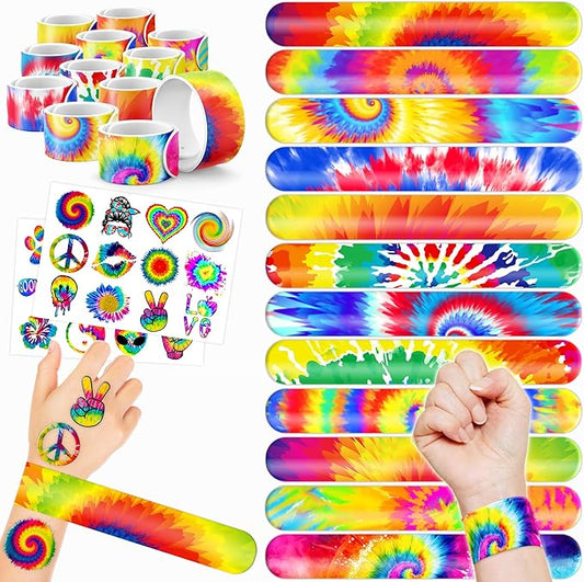 48PCS Tie Dye Party Favors - 24PCS Tattoos & 24PCS Slap Bracelets - Tie-Dye Birthday Supplies, Baby Shower Decorations, Classroom Prizes, Gifts for Boys & Girls