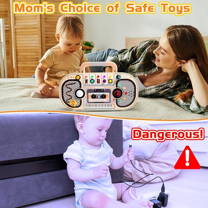 Busy Board Toys for 1 2 3 4 Year Old, Wooden Sensory Sensory Toy with Musical LED Lights Switches Motor Skills Developmental Early Educational Travel Baby 12-18 Month Toddler Birthday Gifts