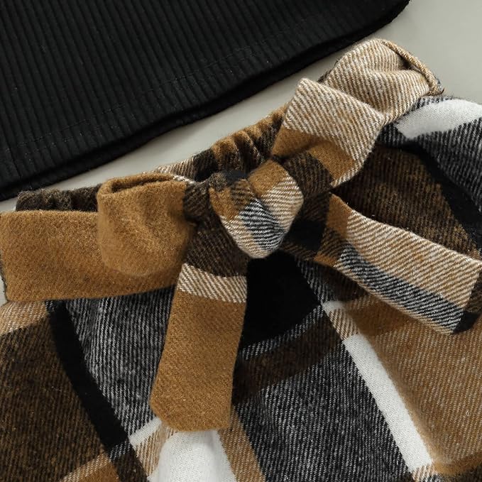 Fernvia Toddler Baby Girl Fall Winter Skirt Set Turtleneck Ribbed Long Sleeve T-Shirt Top & Plaid Skirts Dress 2Pcs Outfits