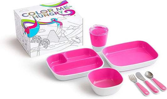 Munchkin® Color Me Hungry 7pc Toddler Feeding Supplies Set, Includes Plates, Bowl, Open Cup and Utensils in a Gift Box, Pink