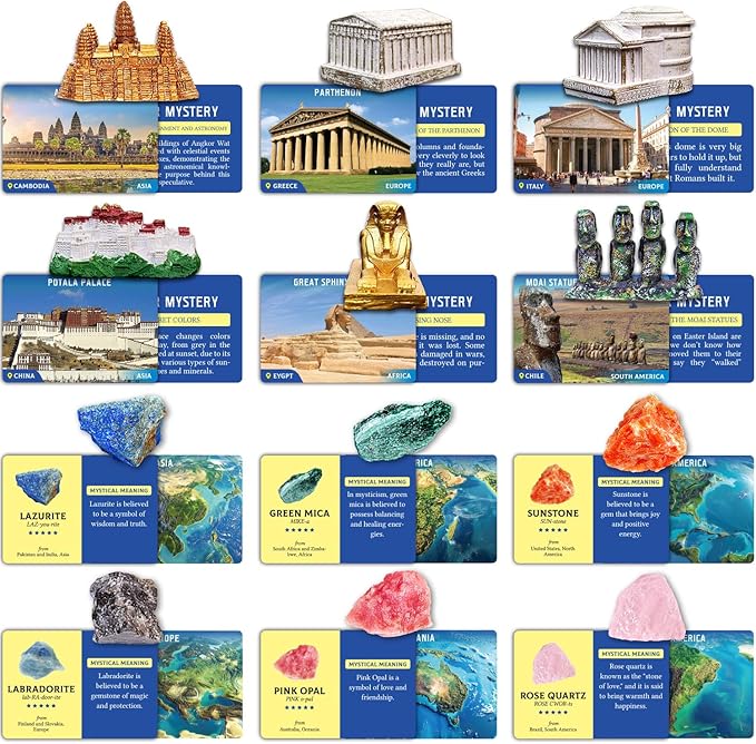 Ancient Wonders Dig Kit, Dig up 6 Mystery Historical Landmarks & 6 Treasure Stones, Famous World History Architecture Toy Archaeology Set, STEM History Gift for Kids Age 6-8-12