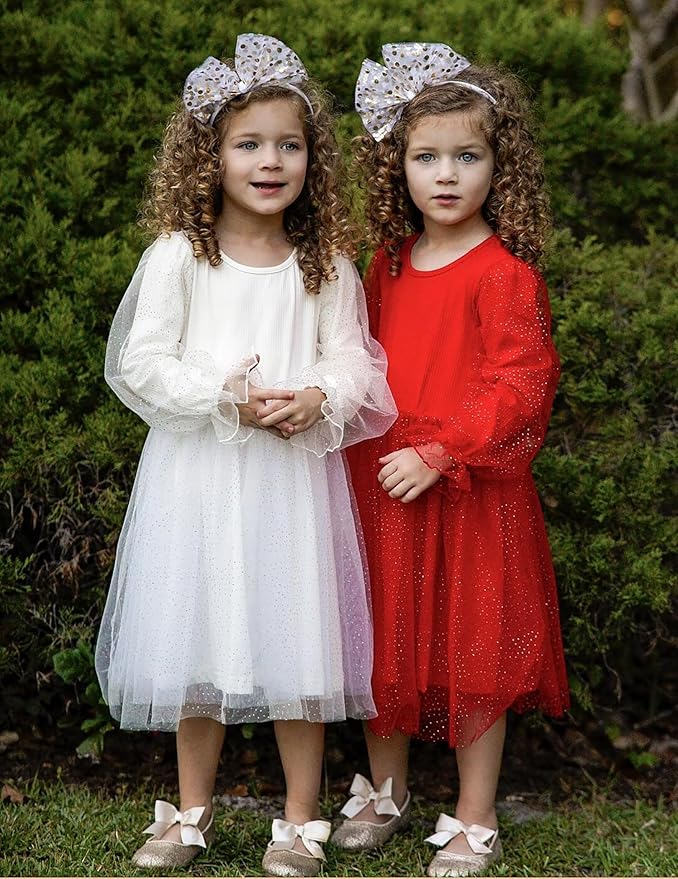 Arshiner Toddler Christmas Dress Girls Sequin Tulle Puff Long Sleeves Tutu Dress Princess Birthday Party Clothes 1-6T