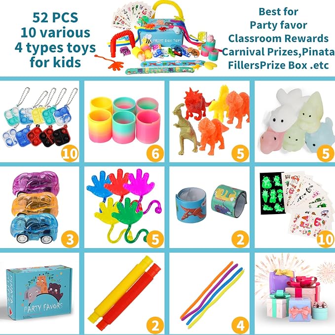 52 Pcs Party Favors for Kids - Treasure Prizes Box Toys - Goodie Bags Stuffers for Classroom Rewards - Bulk Small Fidget Toy for Stocking Carnival Pinata Fillers - Birthday Gift for Kids 3-5 4-8-12