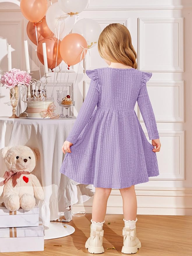 Arshiner Toddler Girl Dress Baby Girls Knitted Ruffle Sleeve Pocket Dresses A-Line Flared Fall Winter Clothes for 2-8 Years