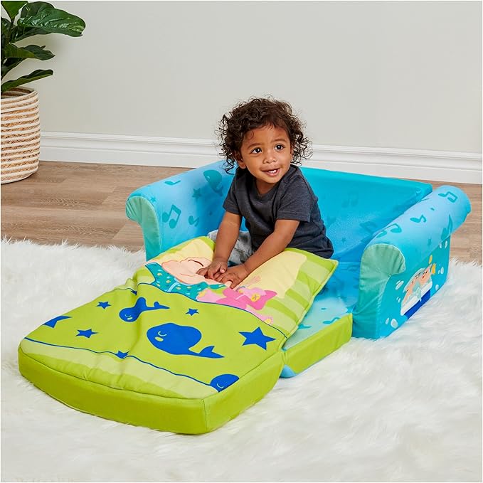 MARSHMALLOW Furniture, Cocomelon 3-in-1 Slumber Sofa Baby Lounger, Convertible Kids Couch, Sofa Bed & Foam Toddler Nap Mat with Attached Blanket