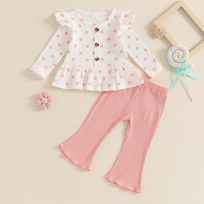 Mubineo Toddler Baby Girl Clothes Cute Ribbed Outfits Knit Long Sleeve Shirt Tops Bell Bottom Pant Fall Winter Outfit