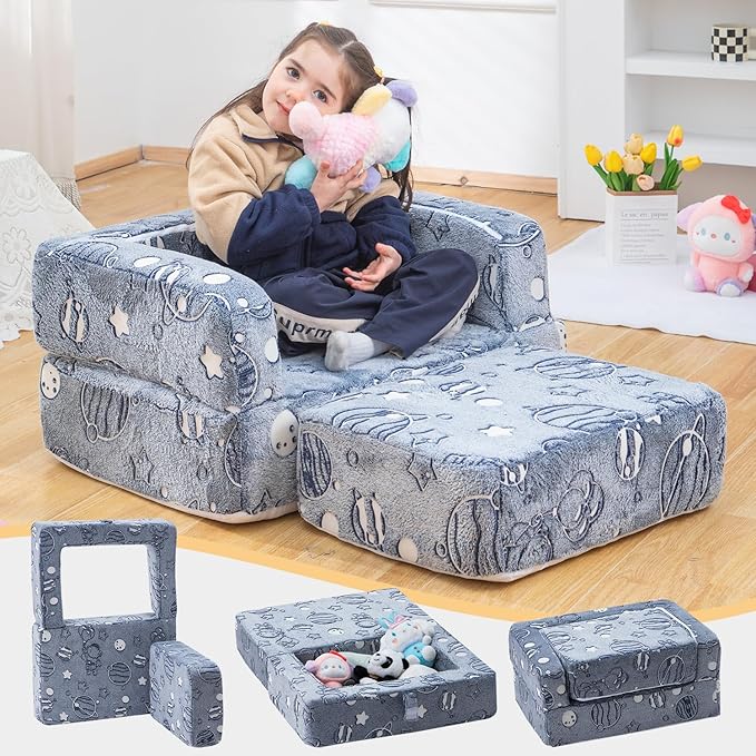 Kids Nugget Play Couch 3-in-1 Modular Toddler Couch Baby Couch Foam Armchair for Boys & Girls Children Convertible Sectional Sofa to Lounger Fold Out Kids Furniture, Grow in The Dark Universe