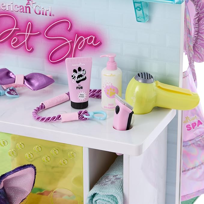 American Girl Truly Me 18-inch Doll Pet Spa & Daycare Set with Bulldog and Pretend Hair Dryer, for Ages 6+