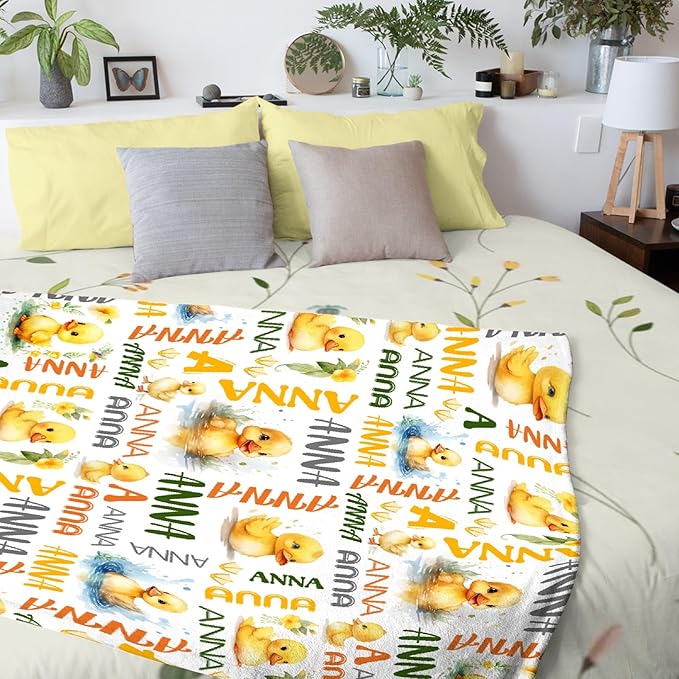 Custom Name Duck Blanket for Girls Adult duck Blanket Kids Funny Blanket Suitable for bedroom bed sofa Crib Couch Chair outdoor All Season Items That Yellow Duck Lovers Will Love 50"x40"for Kid