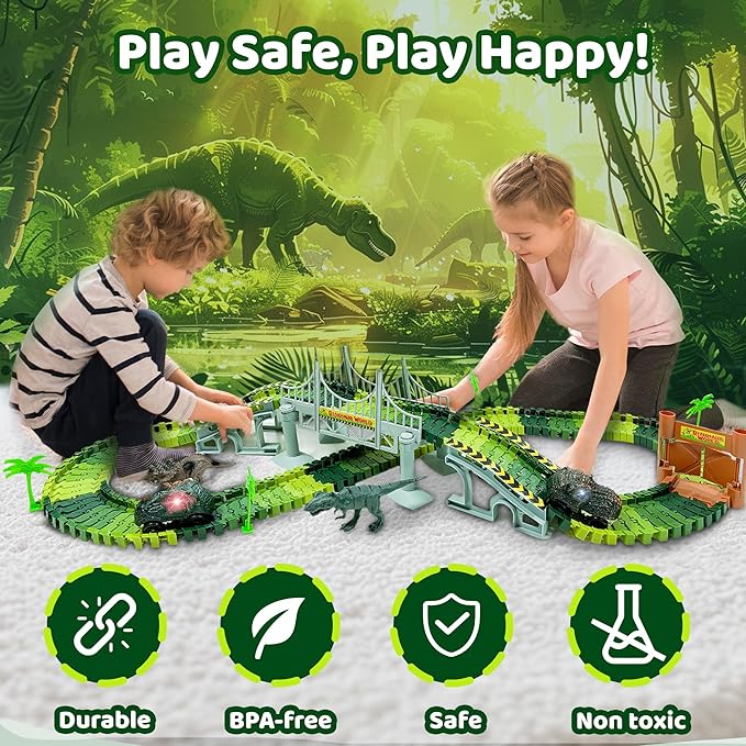 Dinosaur Race Track Toy Set -Dino Racetrack with 170 Total Pieces, Flexible Tracks, Dino Train for Kids Ages 3-7, Boys & Girls | Dinosaur Race Track, Dinosaur Track Toy Set Toddler Race Track