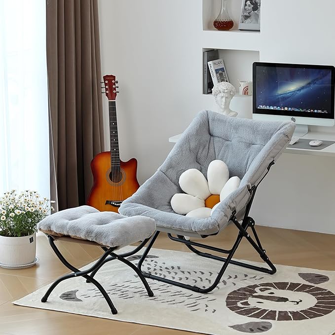 Comfy Saucer Chair, Soft Faux Fur Oversized Folding Accent Chair, Flexible Lounge Lazy Chair for Adults Kids, Metal Frame Moon Chair for Dorm Room, Bedroom, Living Room