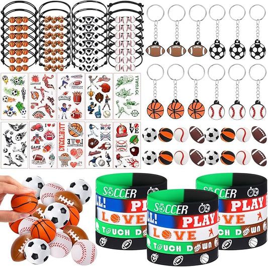 Aoriher Sport Party Favors for Kids, 15 Sets Sport Goodie Silicone Sport Bracelets Mini Stress Ball Keychain Temporary Tattoo Sticker Eraser for Sport Birthday Party Supplies Total 85 Pcs(Sport Ball)