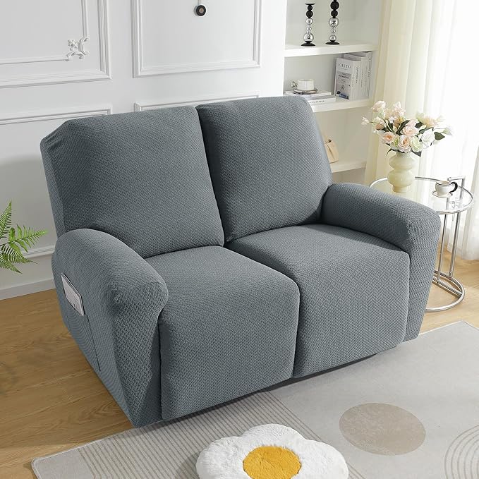 JIVINER 6-Piece Loveseat Recliner Slipcover Stretch Jacquard Recliner Sofa Cover 2 Seater Washable Reclining Couch Cover with Pocket Fitted Furniture Protector Cover (Loveseat Recliner, Light Gray)