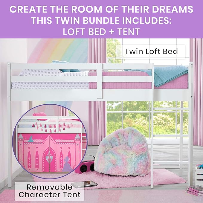 Delta Children Twin Loft Bed with Guardrail and Ladder + Tent (Bundle), White/Disney Princess