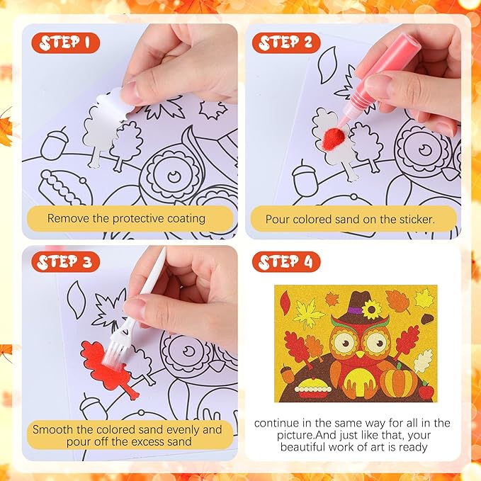30 Sets Fall Thanksgiving Sand Art Kits for Kids DIY Fall Harvest Craft Sand Painting Colored Sand Art Painting Cards Set for Children DIY Arts Fall Theme Educational Learning Activities