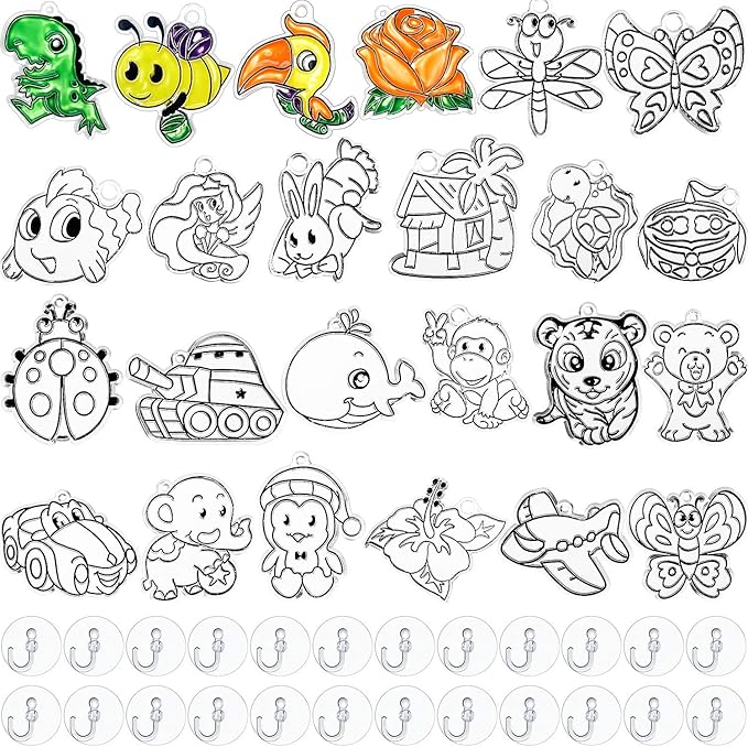 WILLBOND 24 Pieces Christmas Suncatchers Craft Assorted Sun Catcher Kits for Art Window Sun Catchers with 24 Pieces Suction Cups for Painting Crafts Christmas Home Decor Supplies